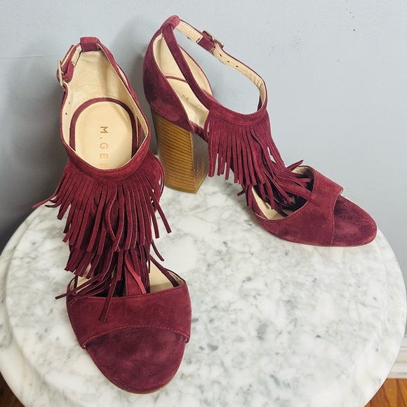 M. Gemi Serata Suede Fringe Block Heels in Wine - Picture 4 of 9